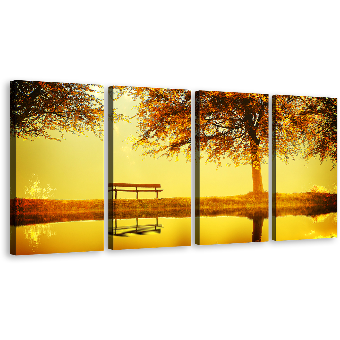 Autumn Tree Canvas Wall Art, Greenbelt Bench Orange River Canvas Print, Yellow Sunset River Lake 4 Piece Multi Canvas Artwork