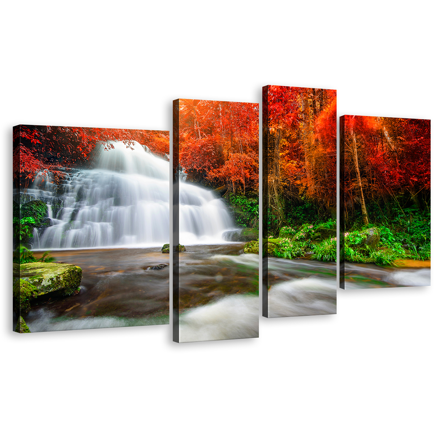 Autumn Trees Canvas Wall Art, Rocks River Waterfall Streaming Canvas Set, Green Orange Trees 4 Piece Canvas Print