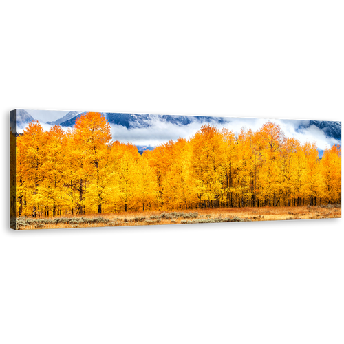 Autumn Trees Wall Art, Orange Grand Tetons National Park 1 Piece Canvas Print, White Clouds Covered Mountain Canvas Art