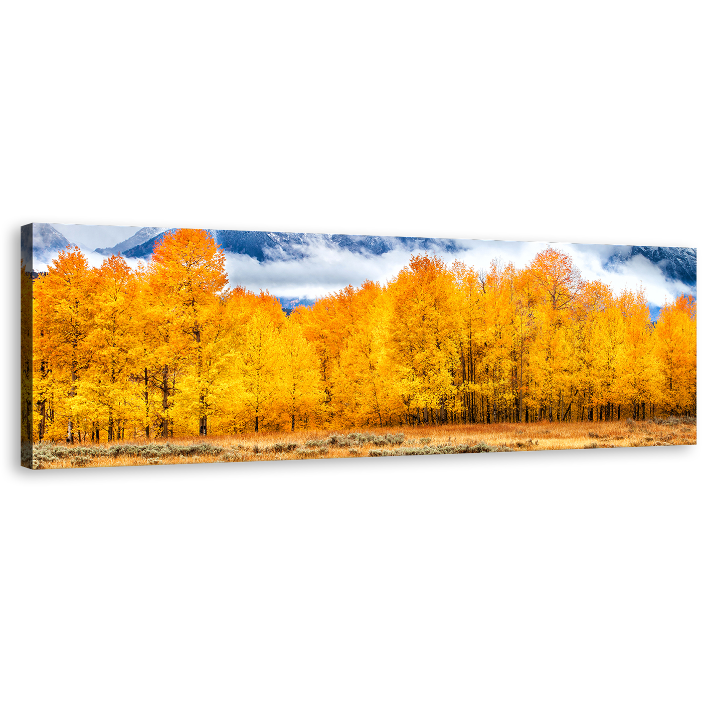 Autumn Trees Wall Art, Orange Grand Tetons National Park 1 Piece Canvas Print, White Clouds Covered Mountain Canvas Art