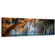 Load image into Gallery viewer, Autumn Waterfall Canvas Wall Art, Blue Plitvice Waterfalls River Canvas Print, Croatia Waterfall Orange Trees Forest 1 Piece Canvas Artwork
