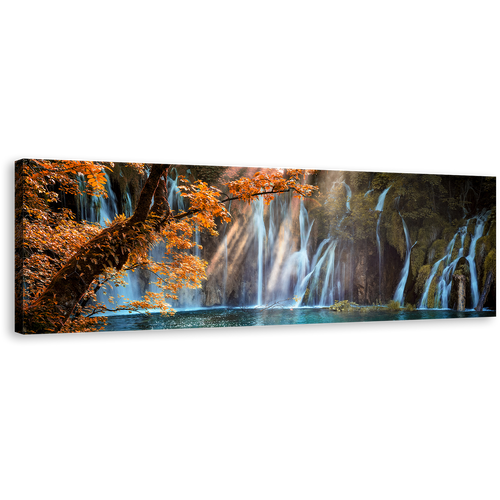 Autumn Waterfall Canvas Wall Art, Blue Plitvice Waterfalls River Canvas Print, Croatia Waterfall Orange Trees Forest 1 Piece Canvas Artwork