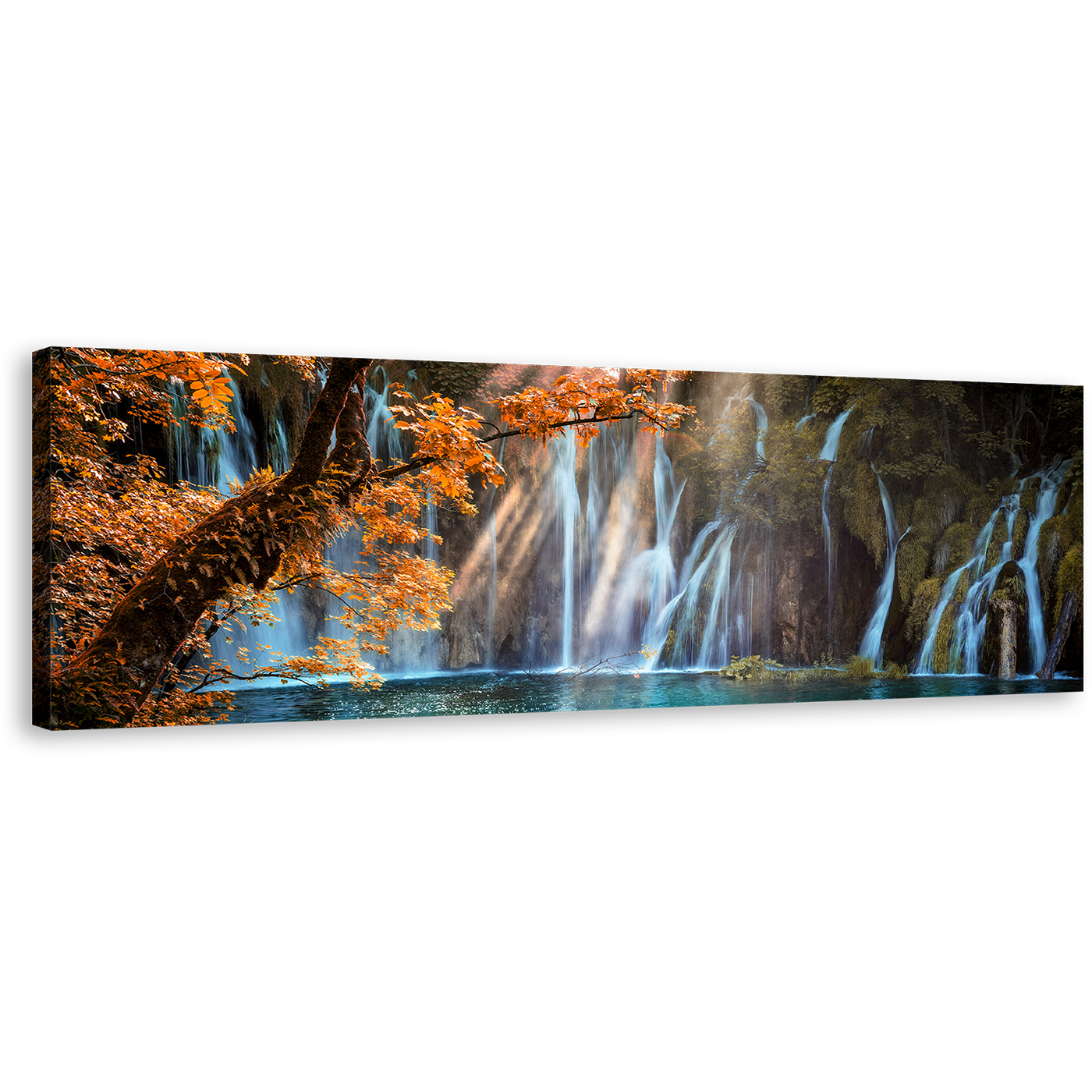 Autumn Waterfall Canvas Wall Art, Blue Plitvice Waterfalls River Canvas Print, Croatia Waterfall Orange Trees Forest 1 Piece Canvas Artwork