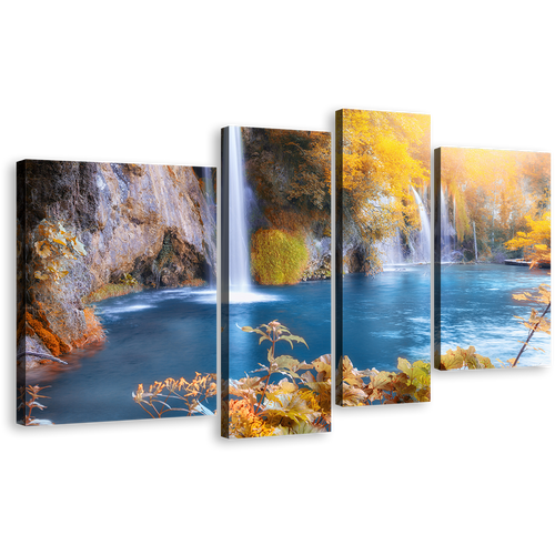 Autumn Waterfall Canvas Wall Art, Blue Plitvice Waterfalls River Canvas Set, Yellow Forest Croatia Waterfall 4 Piece Canvas Print