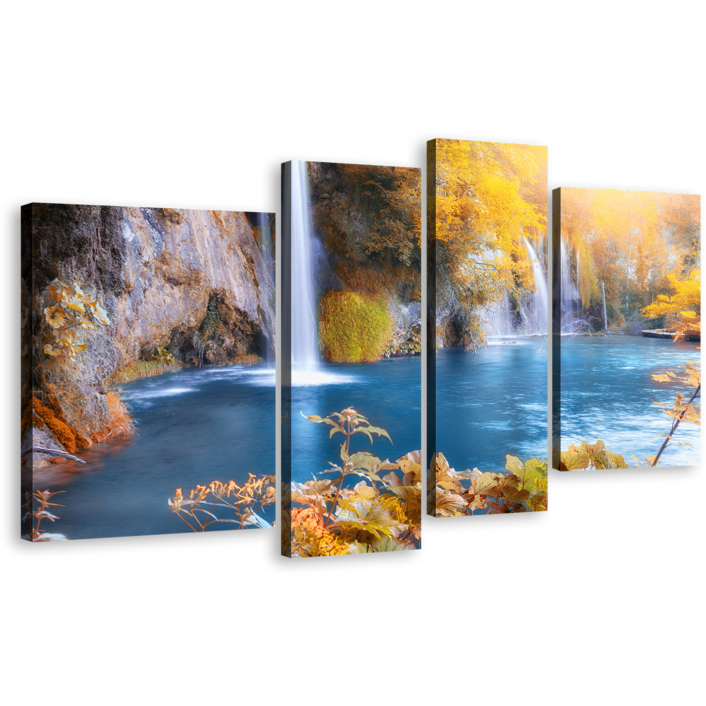 Autumn Waterfall Canvas Wall Art, Blue Plitvice Waterfalls River Canvas Set, Yellow Forest Croatia Waterfall 4 Piece Canvas Print