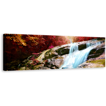 Load image into Gallery viewer, Autumn Waterfall Canvas Wall Art, Inside Forest Waterfall Panoramic Canvas, Beautiful Red Trees Scenery Canvas Artwork, Blue Stunning Waterfall Canvas Print
