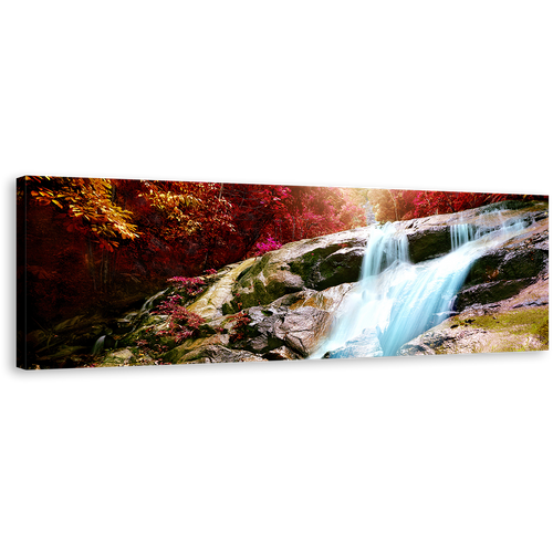 Autumn Waterfall Canvas Wall Art, Inside Forest Waterfall Panoramic Canvas, Beautiful Red Trees Scenery Canvas Artwork, Blue Stunning Waterfall Canvas Print