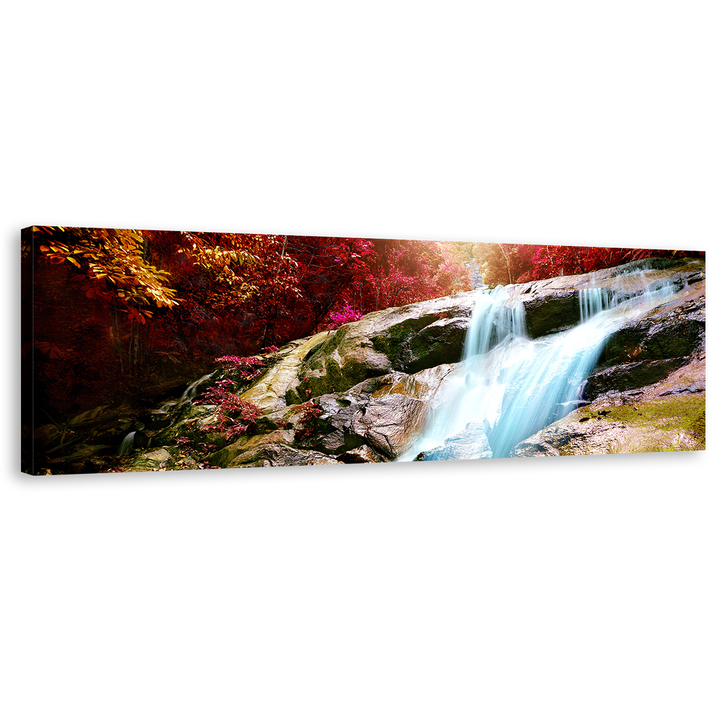 Autumn Waterfall Canvas Wall Art, Inside Forest Waterfall Panoramic Canvas, Beautiful Red Trees Scenery Canvas Artwork, Blue Stunning Waterfall Canvas Print