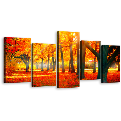 Autumnal Forest Canvas Wall Art, Beautiful Yellow Trees Forest 5 Piece Canvas, Red Autumn Scenery Canvas Print