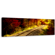 Load image into Gallery viewer, Autumnal Forest Canvas Wall Art, Yellow Railroad Tracks Panoramic Canvas Print, Tracks thru Red Forest Sunshine Canvas Artwork
