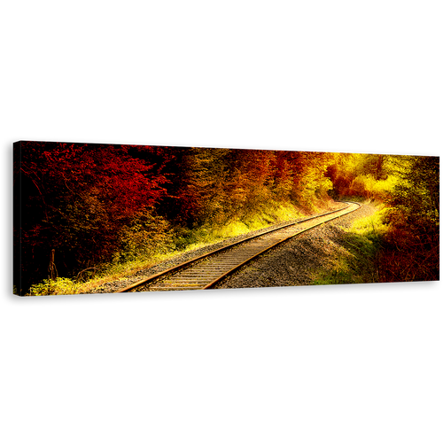 Autumnal Forest Canvas Wall Art, Yellow Railroad Tracks Panoramic Canvas Print, Tracks thru Red Forest Sunshine Canvas Artwork