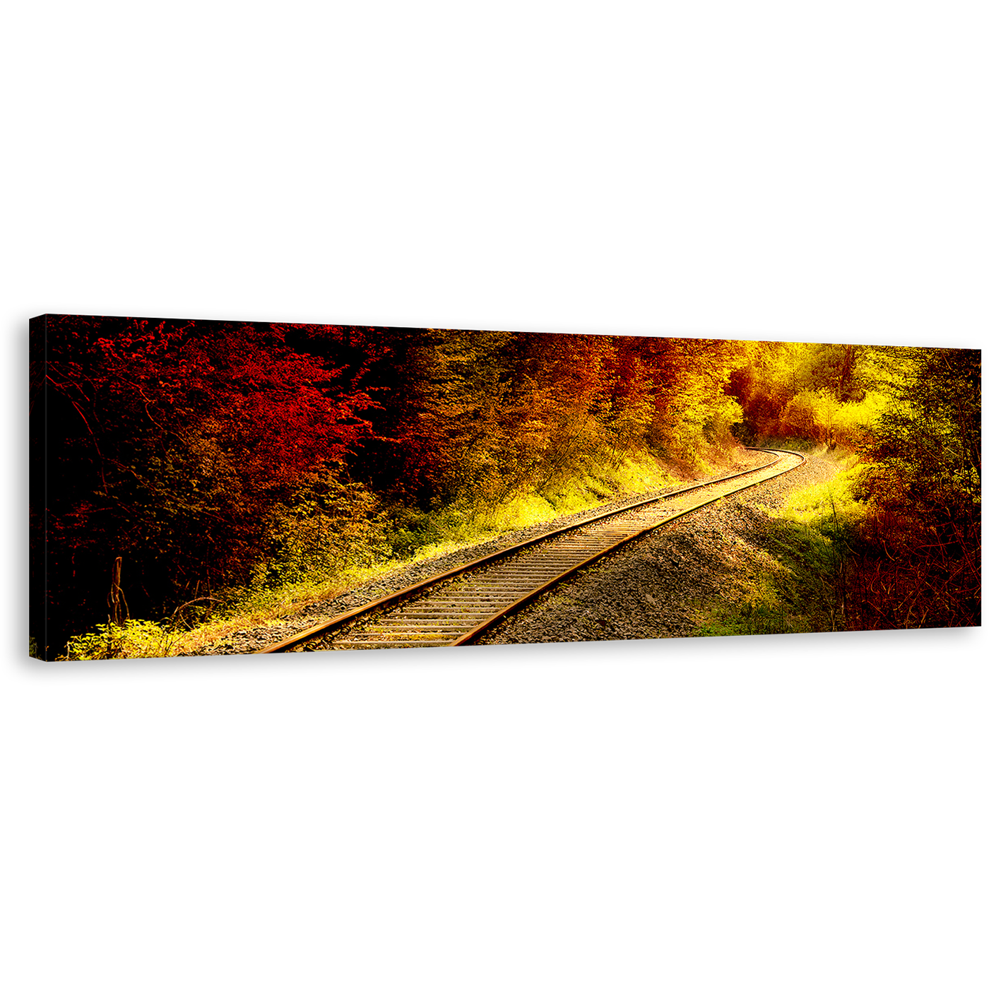 Autumnal Forest Canvas Wall Art, Yellow Railroad Tracks Panoramic Canvas Print, Tracks thru Red Forest Sunshine Canvas Artwork