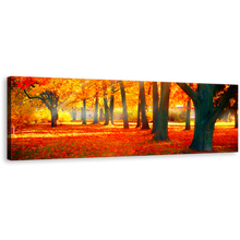 Load image into Gallery viewer, Autumnal Park Canvas Wall Art, Yellow Sunbeam Trees Forest Canvas Print, Red Autumn Fall Nature Scenery Panoramic Canvas Artwork
