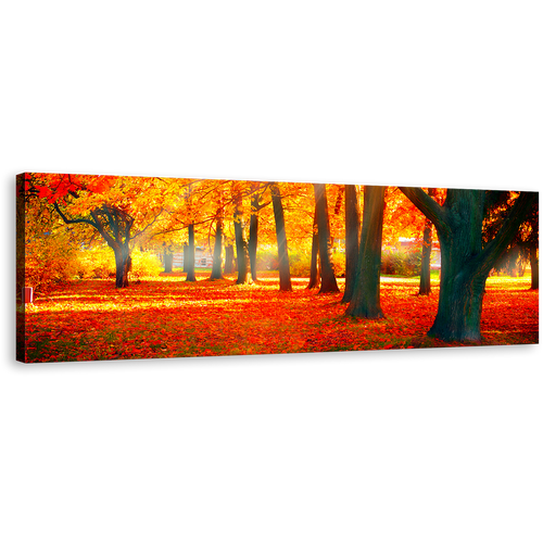 Autumnal Park Canvas Wall Art, Yellow Sunbeam Trees Forest Canvas Print, Red Autumn Fall Nature Scenery Panoramic Canvas Artwork