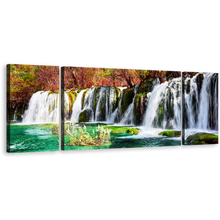 Load image into Gallery viewer, Azure Lake Canvas Print, Colorful Autumn Forest Water Scene 3 Piece Canvas Wall Art, Beautiful Jiuzhaigou Nature Waterfall Multi Canvas Artwork
