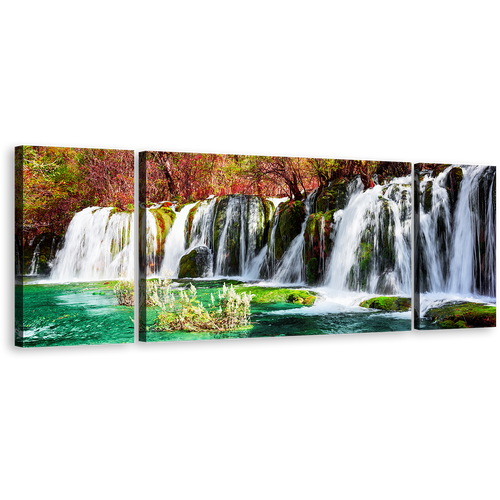 Azure Lake Canvas Print, Colorful Autumn Forest Water Scene 3 Piece Canvas Wall Art, Beautiful Jiuzhaigou Nature Waterfall Multi Canvas Artwork