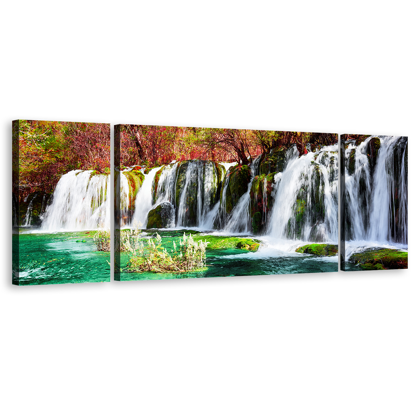 Azure Lake Canvas Print, Colorful Autumn Forest Water Scene 3 Piece Canvas Wall Art, Beautiful Jiuzhaigou Nature Waterfall Multi Canvas Artwork