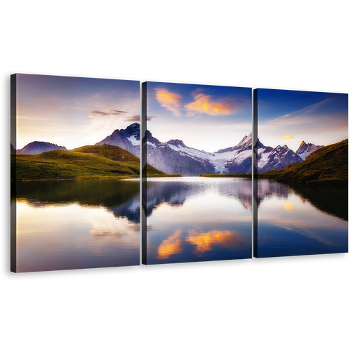 Bachalpsee Lake Wall Art, White Sky Grindelwald Valley 3 Piece Canvas Print, Purple Alpine Mountains Canvas Set