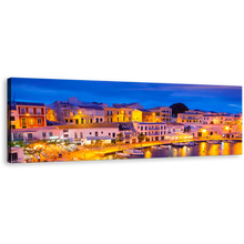 Load image into Gallery viewer, Balearic Islands Canvas Wall Art, Yellow Calasfonts Cales Harbor Lights 1 Piece Canvas, Blue Sky Cityscape Wide Canvas, Sunset in Mahon Canvas Print
