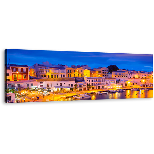 Balearic Islands Canvas Wall Art, Yellow Calasfonts Cales Harbor Lights 1 Piece Canvas, Blue Sky Cityscape Wide Canvas, Sunset in Mahon Canvas Print