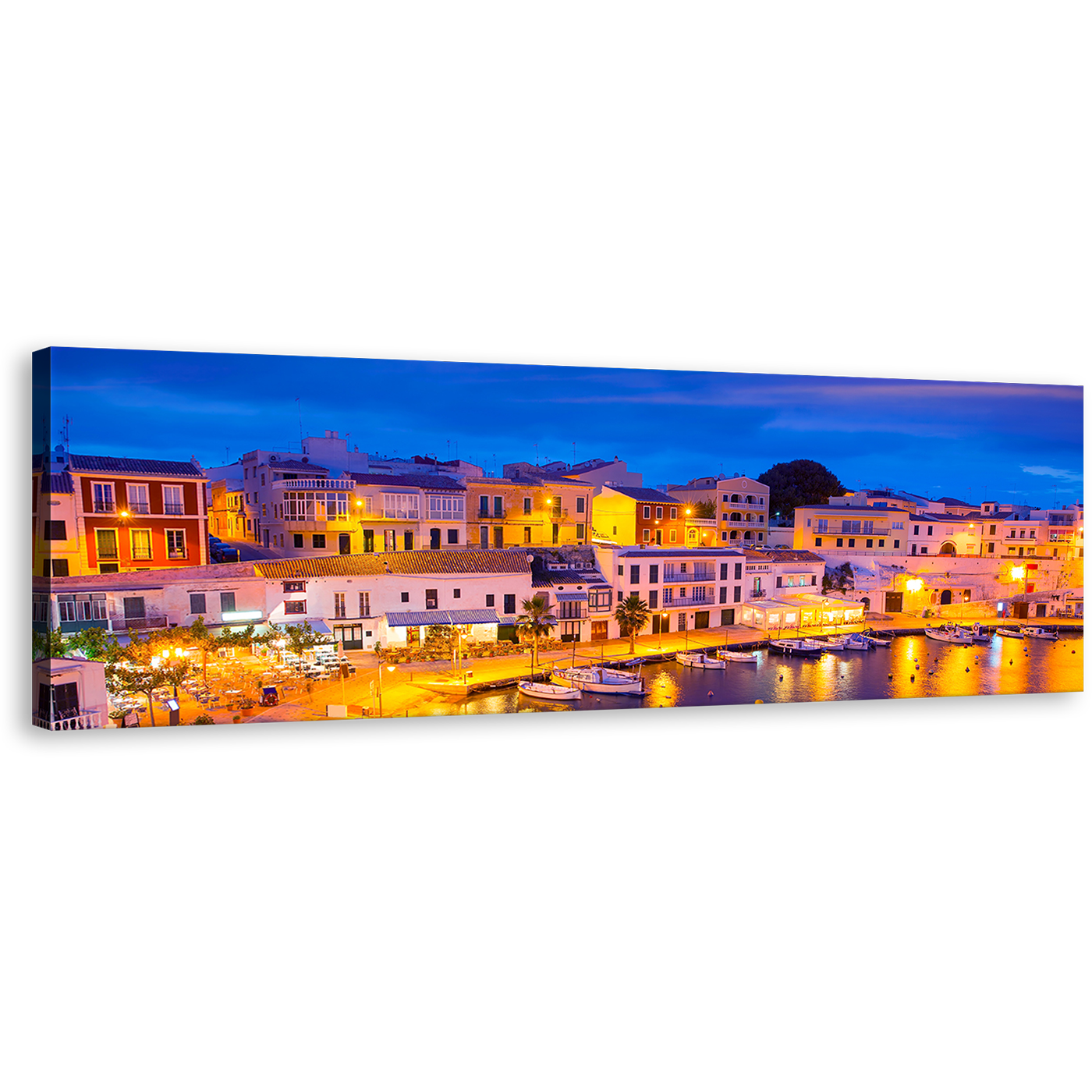 Balearic Islands Canvas Wall Art, Yellow Calasfonts Cales Harbor Lights 1 Piece Canvas, Blue Sky Cityscape Wide Canvas, Sunset in Mahon Canvas Print