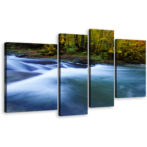 Balkan River Canvas Wall Art, Beautiful Blue Waterfall Nature 4 Piece Canvas Set, Green Forest Waterfall Canvas Print