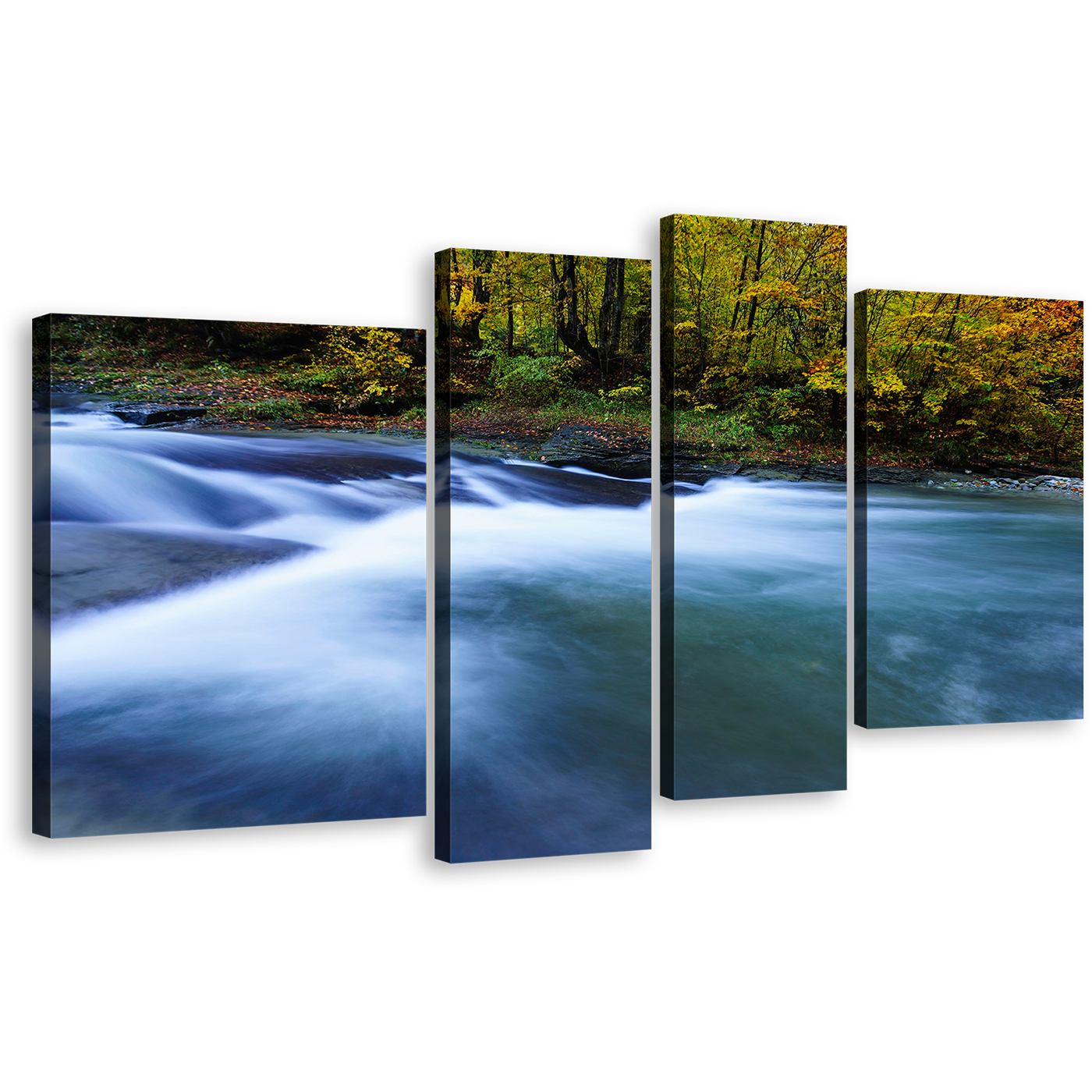 Balkan River Canvas Wall Art, Beautiful Blue Waterfall Nature 4 Piece Canvas Set, Green Forest Waterfall Canvas Print