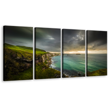 Load image into Gallery viewer, Ballintoy Ocean Canvas Wall Art, Yellow Sunset Coastline Ocean 4 Piece Multiple Canvas, Green Ireland Sea Canvas Print
