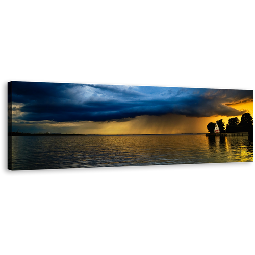 Baltic Ocean Canvas Wall Art, Blue Stormy Clouds Panoramic Canvas, Yellow Ocean Sky Seascape Canvas Print