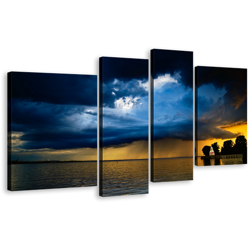 Baltic Seascape Canvas Wall Art, Stormy Clouds 4 Piece Multi Canvas Artwork, Yellow Blue Ocean Sky Canvas Print