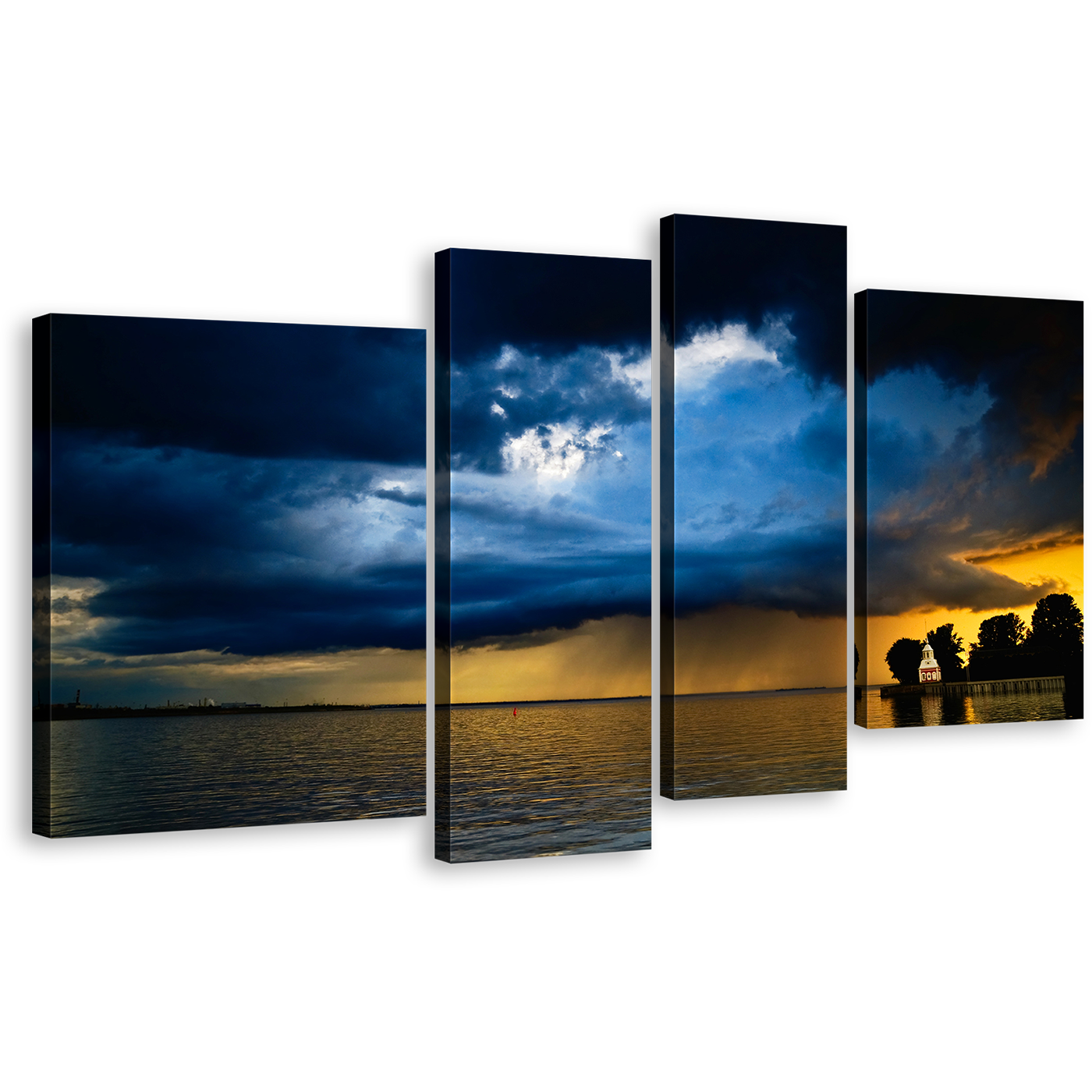 Baltic Seascape Canvas Wall Art, Stormy Clouds 4 Piece Multi Canvas Artwork, Yellow Blue Ocean Sky Canvas Print