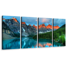 Load image into Gallery viewer, Banff National Park Canvas Wall Art, Canada Grey Orange Rocky Mountains Multiple Canvas, Beautiful Landscape Forest Trees Canvas Set, Blue Moraine Lake 4 Piece Canvas Print
