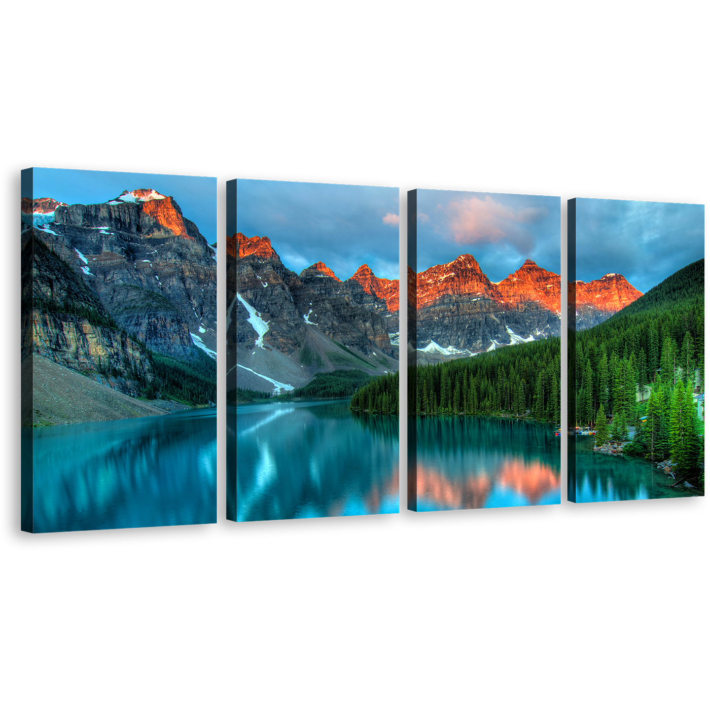 Banff National Park Canvas Wall Art, Canada Grey Orange Rocky Mountains Multiple Canvas, Beautiful Landscape Forest Trees Canvas Set, Blue Moraine Lake 4 Piece Canvas Print