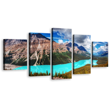 Load image into Gallery viewer, Banff Park Wall Art, Alberta Green Mountains Trees 5 Piece Canvas Print, Blue Peyto Lake Cloudy Sky Multi Canvas
