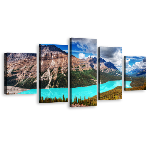 Banff Park Wall Art, Alberta Green Mountains Trees 5 Piece Canvas Print, Blue Peyto Lake Cloudy Sky Multi Canvas