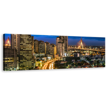 Load image into Gallery viewer, Bangkok Cityscape Canvas Print, Thailand Yellow City Lights 1 Piece Canvas Wall Art, Blue Sky City Night View Wide Canvas
