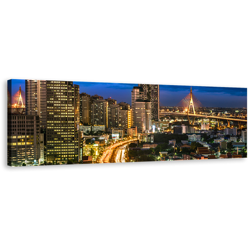 Bangkok Cityscape Canvas Print, Thailand Yellow City Lights 1 Piece Canvas Wall Art, Blue Sky City Night View Wide Canvas