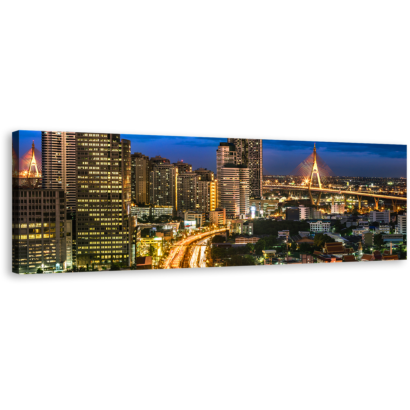 Bangkok Cityscape Canvas Print, Thailand Yellow City Lights 1 Piece Canvas Wall Art, Blue Sky City Night View Wide Canvas