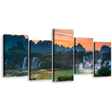 Load image into Gallery viewer, Banyue Scenery Canvas Print, Vietnam Orange Sunset Landscape Waterfall 5 Piece Wall Art, Detian Waterfalls Guangxi Green Scenery Multi Canvas
