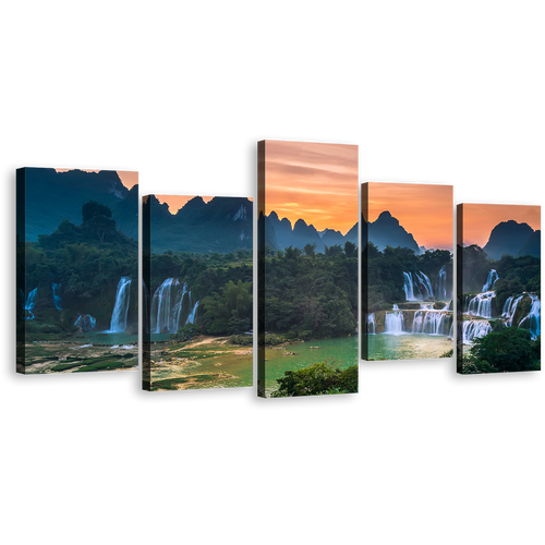 Banyue Scenery Canvas Print, Vietnam Orange Sunset Landscape Waterfall 5 Piece Wall Art, Detian Waterfalls Guangxi Green Scenery Multi Canvas