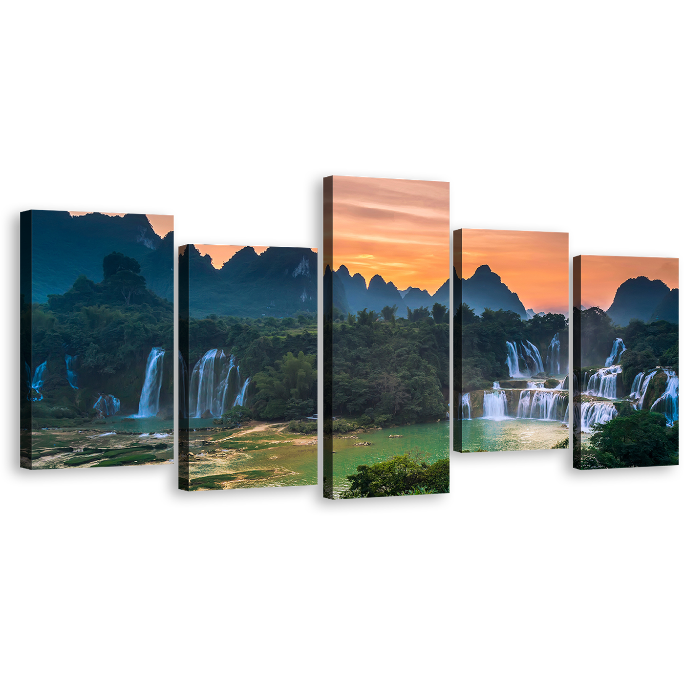 Banyue Scenery Canvas Print, Vietnam Orange Sunset Landscape Waterfall 5 Piece Wall Art, Detian Waterfalls Guangxi Green Scenery Multi Canvas