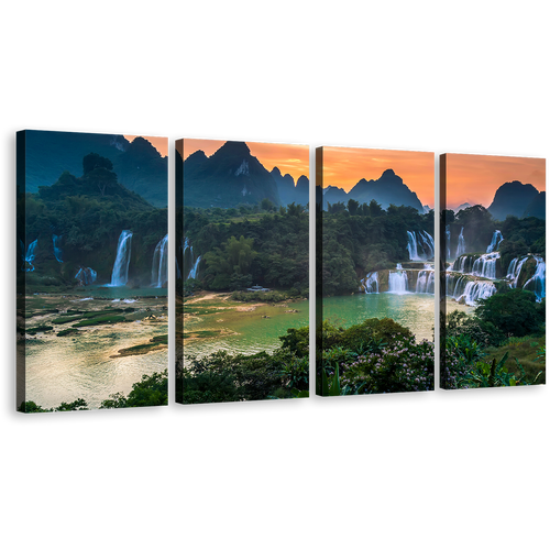 Banyue Waterfall Canvas Wall Art, Green Scenery Waterfall 4 Piece Canvas Print, Vietnam Landscape Waterfall Orange Sunset Canvas Set