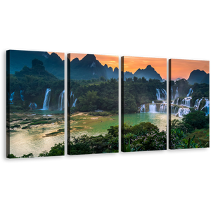 Banyue Waterfall Canvas Wall Art, Green Scenery Waterfall 4 Piece Canvas Print, Vietnam Landscape Waterfall Orange Sunset Canvas Set