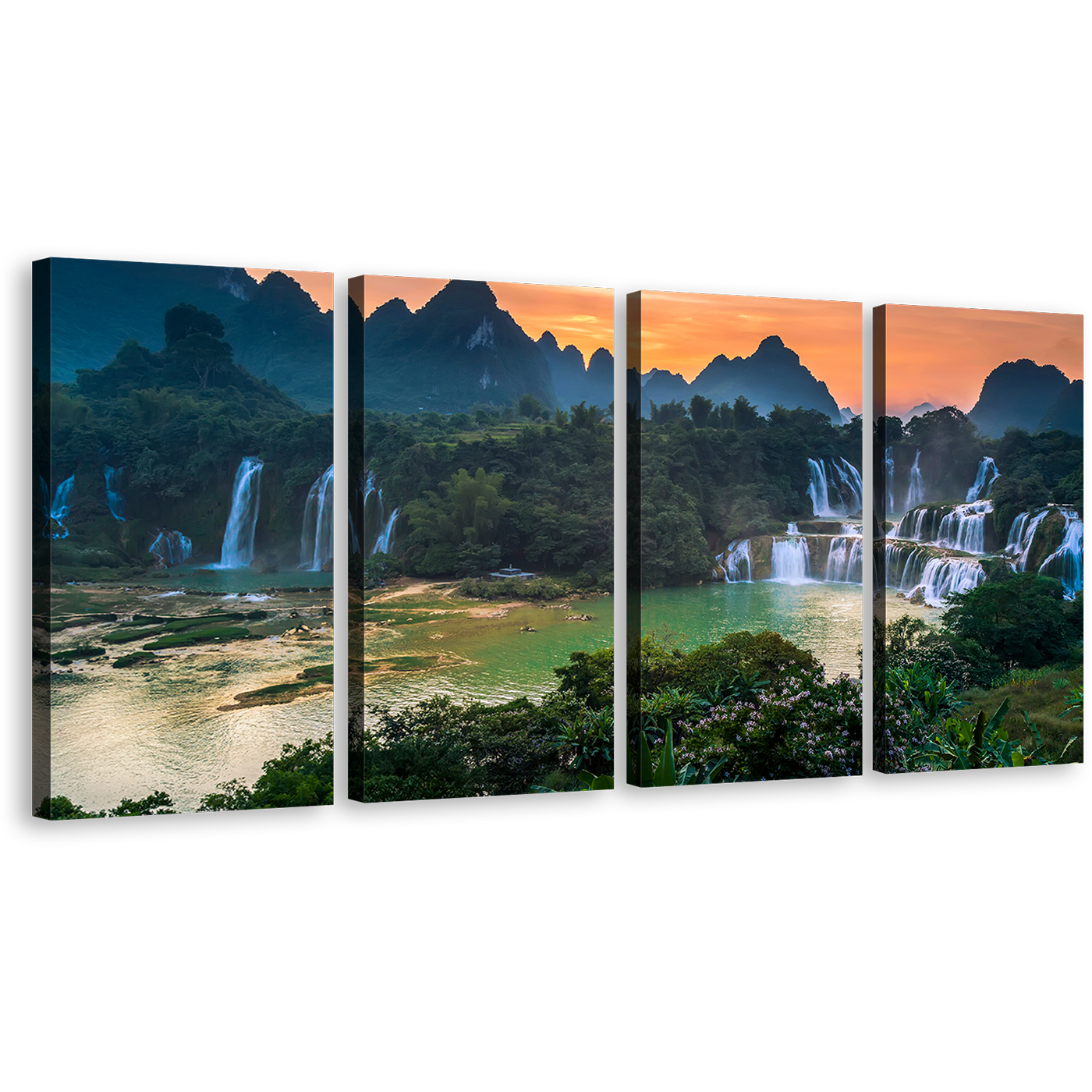 Banyue Waterfall Canvas Wall Art, Green Scenery Waterfall 4 Piece Canvas Print, Vietnam Landscape Waterfall Orange Sunset Canvas Set