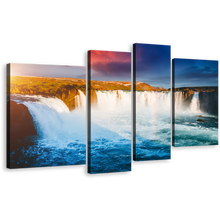 Load image into Gallery viewer, Bardardalur Valley Canvas Print, Blue Godafoss Waterfall Multi Canvas, Yellow Iceland Europe Landscape Waterfall 4 Piece Canvas Wall Art
