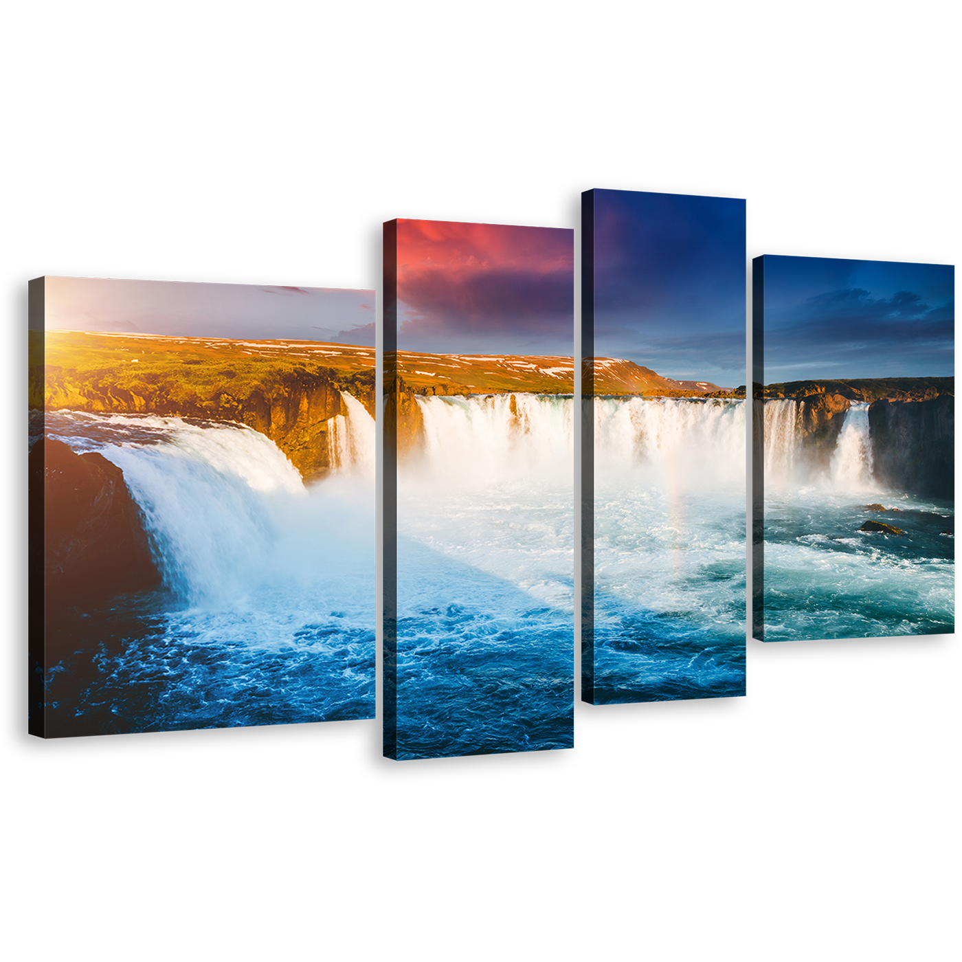 Bardardalur Valley Canvas Print, Blue Godafoss Waterfall Multi Canvas, Yellow Iceland Europe Landscape Waterfall 4 Piece Canvas Wall Art