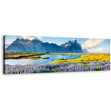 Load image into Gallery viewer, Batman Mountain Wall Art, Purple Lupine Flowers Canvas Print, Headland Blue Landscape Panoramic Canvas Art
