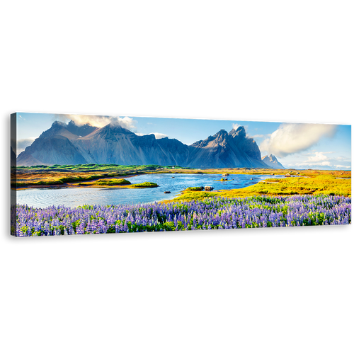 Batman Mountain Wall Art, Purple Lupine Flowers Canvas Print, Headland Blue Landscape Panoramic Canvas Art