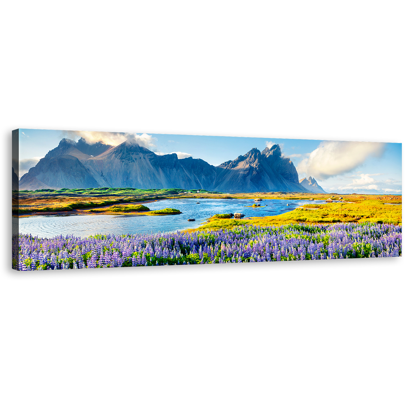 Batman Mountain Wall Art, Purple Lupine Flowers Canvas Print, Headland Blue Landscape Panoramic Canvas Art