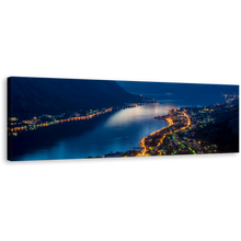 Load image into Gallery viewer, Bay of Kotor Canvas Wall Art, Blue Night Montenegro Mountains Canvas Print, Boka Kotorska Bay 1 Piece Canvas Artwork, City Mountain Yellow Lights Houses Wide Canvas
